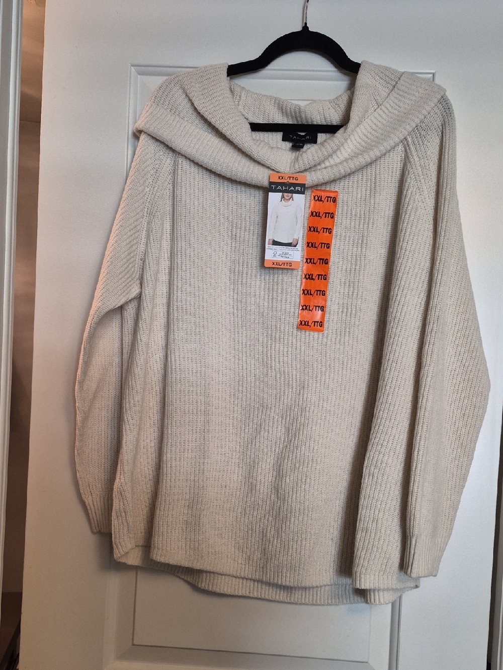 Tahari Cream Ribbed Hooded Cowl Sweater